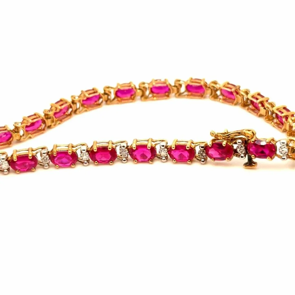 Lovely 10K Gold Syn. Rubies /Diamond Accent Tennis Bracelet‎